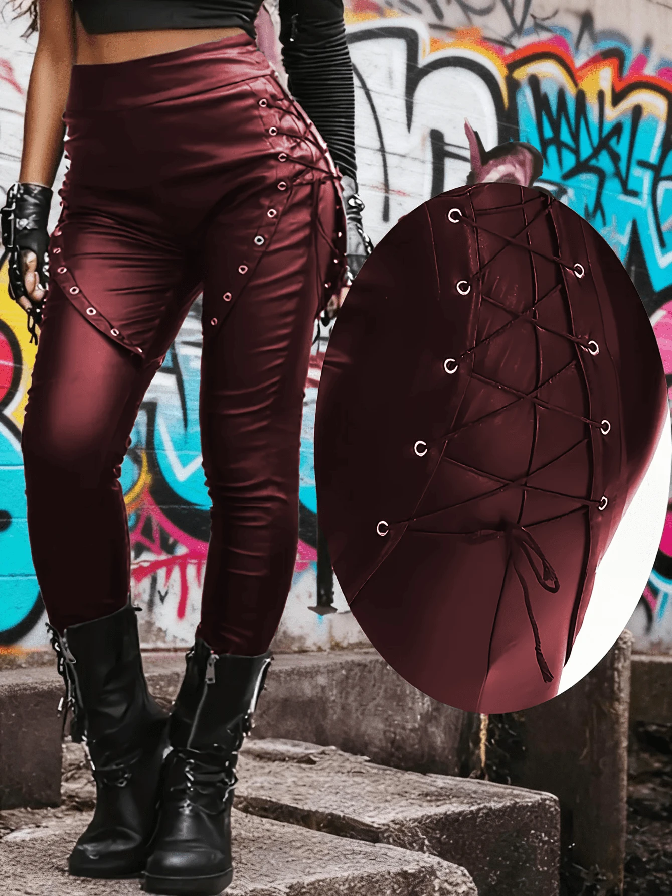 Quần legging bó sát co giãn kiểu punk, chất liệu giả da PU, thích hợp cho mùa xuân Y2K. - Fiery Red - Xem 1