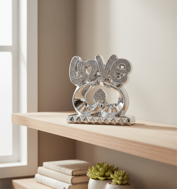 DEENZ Love Letters On Heart Ornament Silver Art Décoration Ceramic With Crushed Crystal Polished Chrome Diamond Shape Sparkling Luxury Home Sculpture Table Centerpiece Gift Idea
