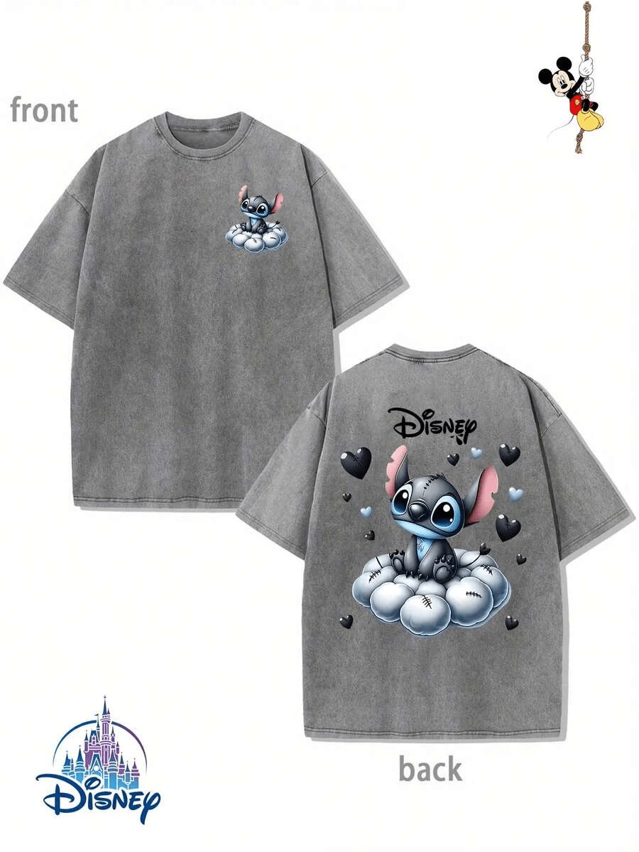 Disney Lilo & Stitch Cloud Heart Double-Sided Graphic Vintage Washed Oversized T-Shirt, Unisex Cute Stitch Retro Disney Tee - Xám - Xem 1