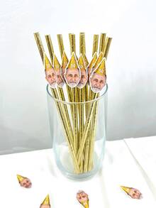 12支装定制人脸吸管 - 50岁生日装饰，男女通用 - 趣味生日吸管 - 照片吸管 - 55岁生日餐具装饰，多功能，装饰性强，可重复使用，精致时尚，色彩缤纷，现代时尚，可定制，个性化，独一无二，营造温馨氛围，秋季家居焕新，和谐家居 - 金色 - 查看 5