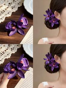 1个仿真兰花发夹，波西米亚风发饰，适合海滩、度假、甜美女孩拍照，兰花发夹，爪夹，发卡。 - 彩色 - 查看 1