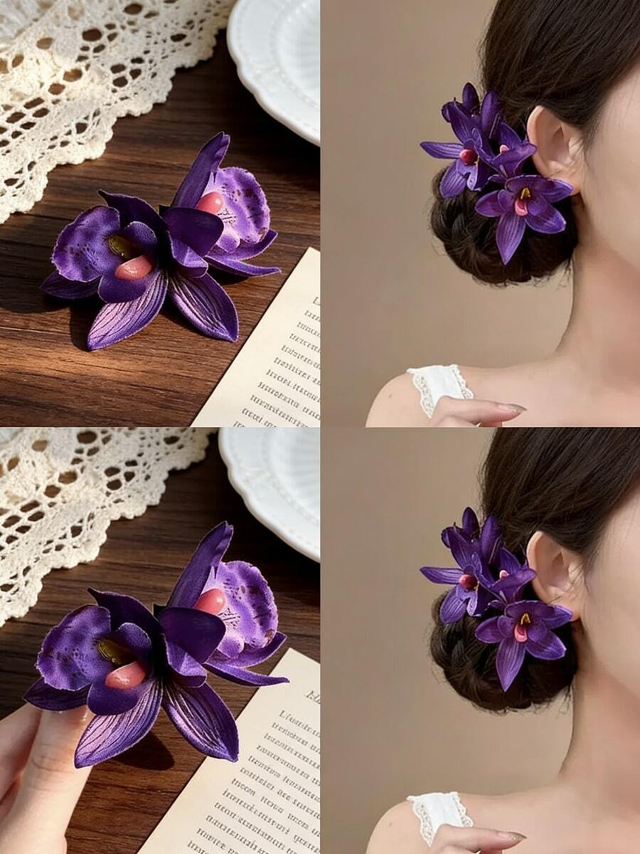 1个仿真兰花发夹，波西米亚风发饰，适合海滩、度假、甜美女孩拍照，兰花发夹，爪夹，发卡。 - 彩色 - 查看 1