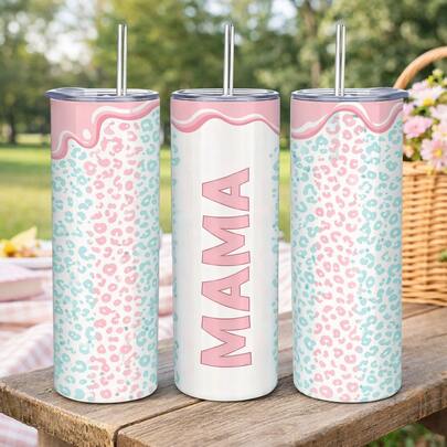 mikenda 1 pieza Vaso térmico estético MAMA de 20 onzas con estampado de leopardo pastel, taza de viaje de acero inoxidable aislada con pajita para el hogar, el trabajo y en movimiento