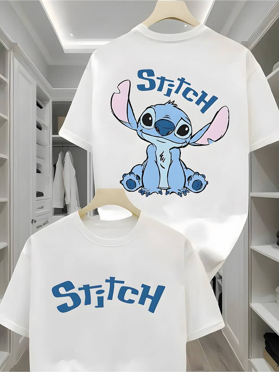 Disney Lilo & Stitch Double-Sided Graphic Oversized T-Shirt, Unisex Cute Stitch Casual Disney Tee - 白色 - 查看 1
