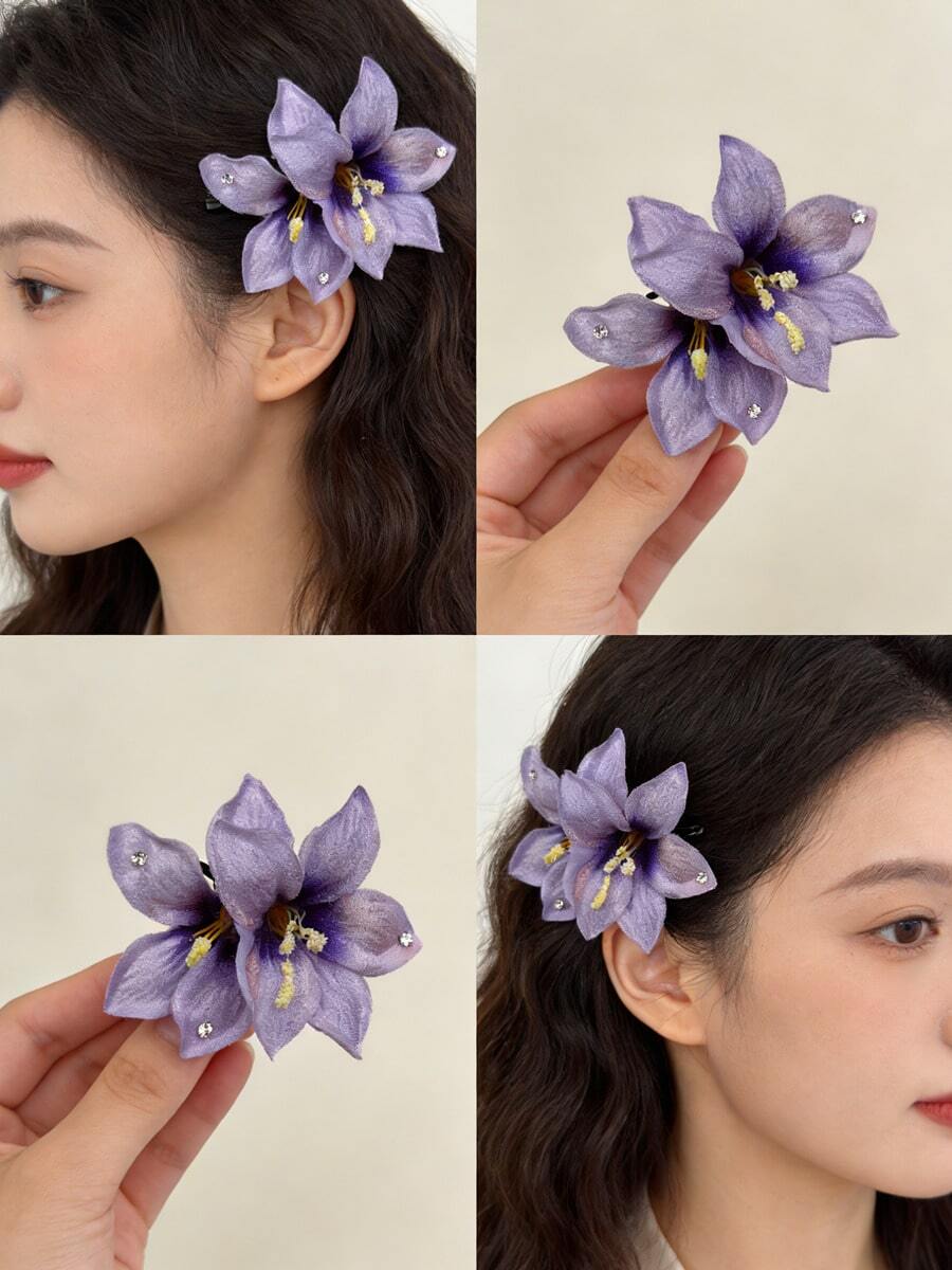 1pc Ethereal Artificial Lily Flower Hair Clip, Side Hair Clip For Beach Vacation, Photo Shoot, Wedding, Party, Sweet Girl Hair Accessory - Multicolor - View 1