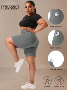 1pc Women Plus Size Knee Length Yoga/Cycling Tight Shorts, High Stretch Butt Lifting Curve Flattering Sports Pants, Knit Fabric Breathable Running Training Shorts With Pockets, Suitable For Cycling, Fitness, Running, Foldable Hem, All Seasons - Grey - View 5