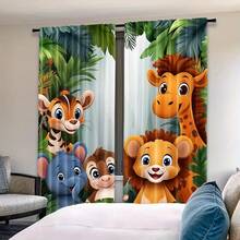 2er Set Dschungel Vorhänge - Giraffe, Löwe, Elefant & weitere Tierdrucke - Kräuselband Design für einfaches Aufhängen - perfekt für Schlafzimmer & Kinderzimmer Dekoration - Verschiedenfarbig - Übersicht 7