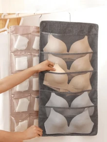 1pc Double-Sided Hanging Wardrobe Bra Storage Bag With 12 Inner Lingerie Net Pockets, Space-Saving Wardrobe Wall-Mounted Bra Organizer Bag - Multicolor - View 1
