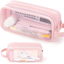 Large Mesh Pencil Case 2 Compartments, Transparent Handheld Multi-Function Pencil Bag, Transparent Makeup Bag, Suitable For Teenagers, Students, College, Business, Travel, Office, Adults - Pink, Black, Multiple Colors Available - Multicolor - View 14