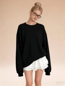 New Year Loungewear & Spring Travel Essential: Women's Fashion Oversized Knit Sweatshirt - Black (Multi-Color Options), Loose Fit, Long Sleeve, Crew Neck, Spring Women's Casual & Formal Knit Top, All-Season Versatile Sweater | Suitable For Home, Leisure, Travel, Office | All Ages (Teens To Adults) | Spring Valentine's Day Gift For Her - 黑色 - 查看 2
