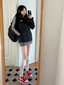 Adidas UNITEFIT Windproof, Warm, Water-Repellent, Hooded, Versatile, Comfortable Puffer Jacket, Unisex, Black - Black and White - View 10