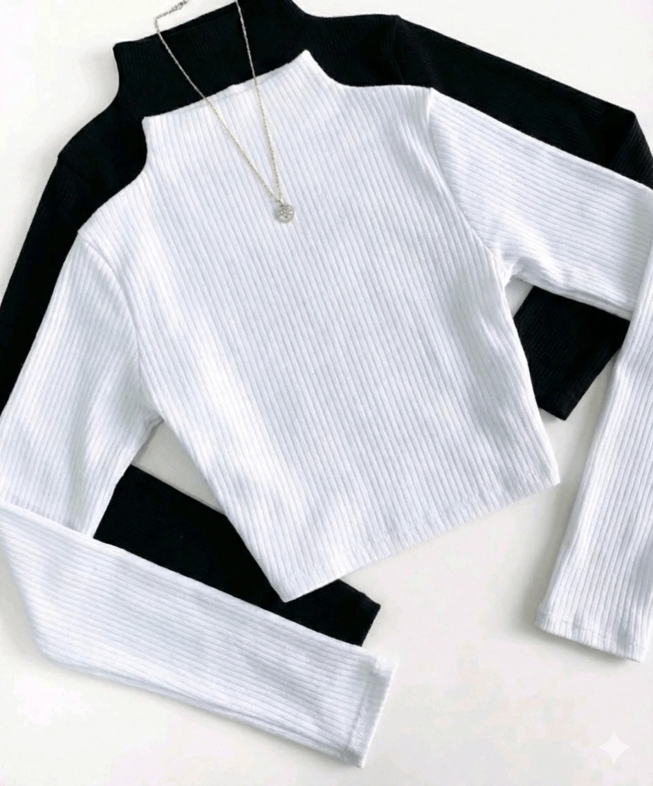 Women's Long-Sleeved Blouse Set In Ribbed Fabric With Medium Neckline, Knitted Fabric, Everyday Blouse - Black and White - View 1
