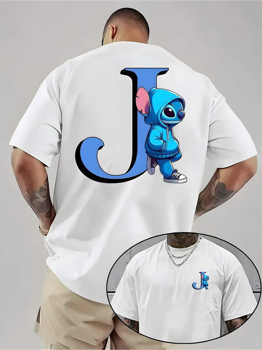 Disney Personalized Letter J Stitch Graphic Oversized T-Shirt, Custom Initial Disney Lilo & Stitch Casual Tee - 白色 - 查看 1