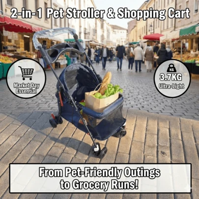 2-In-1 Pet Stroller & Shopping Cart For Senior Dogs & Cats, 3.7kg Ultra-Light Foldable Buggy With Detachable Carrier, Shock-Absorbing & Breathable, Portable Pet Buggy