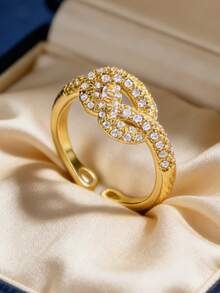 Damen Ring mit Goldbeschichtung und Zirkonia, geflochtenes verdrehtes offenes verstellbares Band + komplett mit Zirkonia-Steinen besetzt, minimalistischer eleganter Stil, geeignet für den täglichen Gebrauch/vielseitig einsetzbar, tolles Geburtstagsgeschenk für Modebewusste - Gold - Übersicht 3