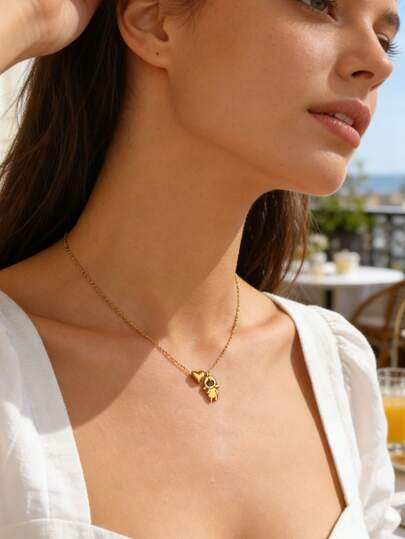 1個 ロマンチックなミニマリストスタイルのステンレススチールペンダントネックレス、光沢のあるハートチャーム付き、デートや大切な人への贈り物に最適