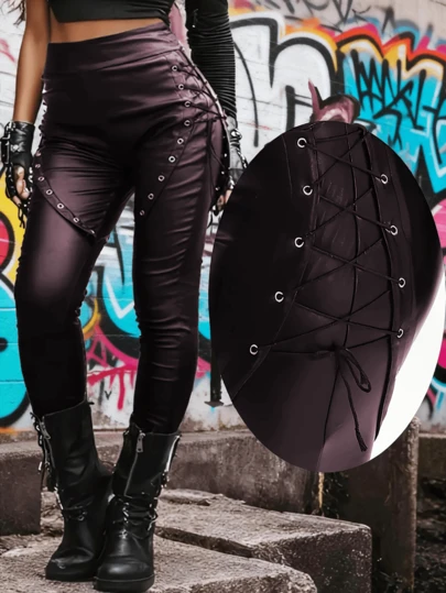 Leggings ajustados de estilo punk con decoración de cordones, de imitación de PU, elásticos, estilo Y2K primaveral