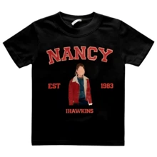 TV Drama Stranger Nancy Retro Cartoon Style Graphics 100%Cotton Tshirt Unisex Summer Fashion Short Sleeve Men's Shirt Streetwear - 黑色 - 查看 1