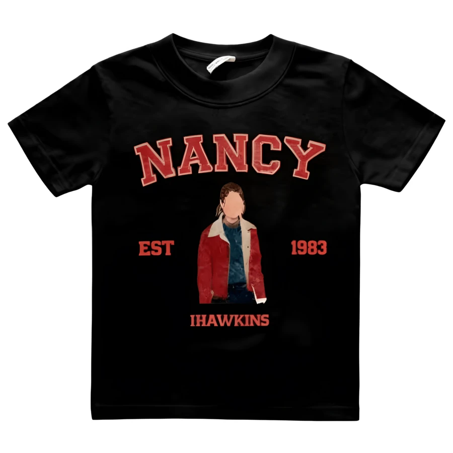 TV Drama Stranger Nancy Retro Cartoon Style Graphics 100%Cotton Tshirt Unisex Summer Fashion Short Sleeve Men's Shirt Streetwear - 黑色 - 查看 1