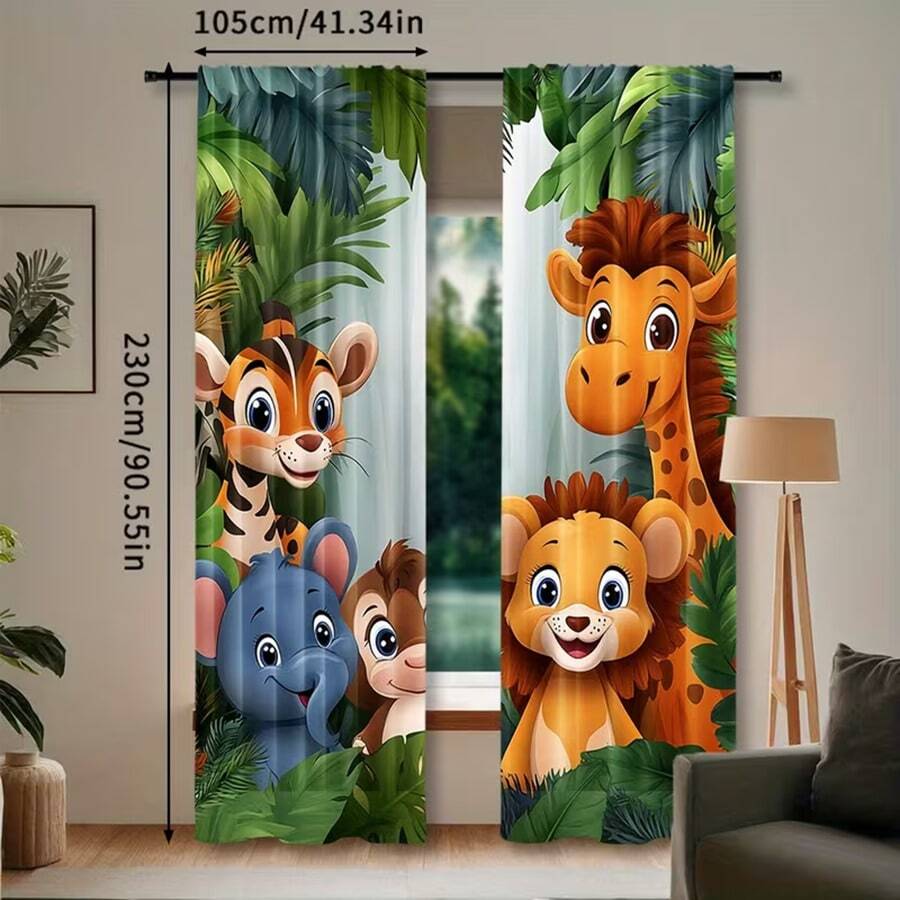 2er Set Dschungel Vorhänge - Giraffe, Löwe, Elefant & weitere Tierdrucke - Kräuselband Design für einfaches Aufhängen - perfekt für Schlafzimmer & Kinderzimmer Dekoration - Verschiedenfarbig - Übersicht 1