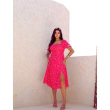 Women's Floral Midi Dress With Short Sleeves, Elastex Lined, Crossed Back, Vescolinho Fabric - 玫紅色 - 查看 3