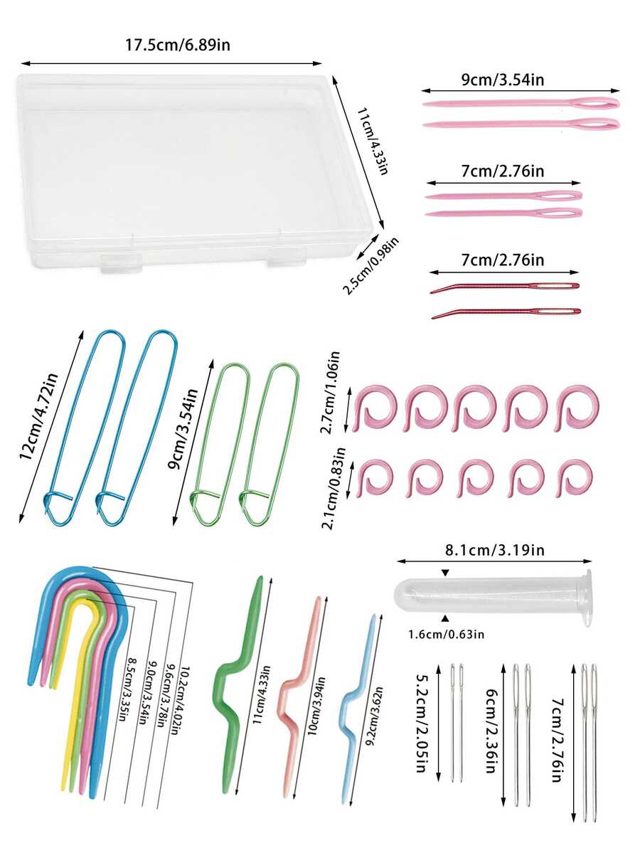34件套多功能编织配件套装 - 包括安全塑料针、针架、记号扣，适合初学者，带收纳盒 - 盒裝毛線輔助工具 - 查看 1