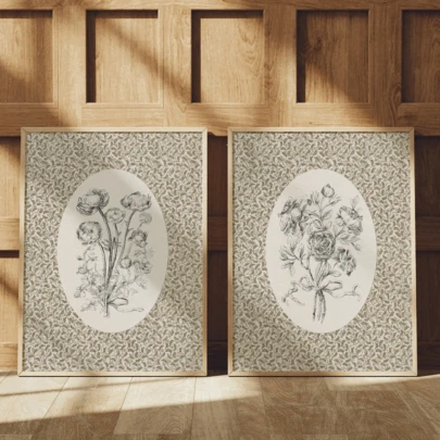 2pcs/Set Vintage Wall Art Posters, Floral Canvas Prints Set - Rustic & Contemporary Black And White Sketch Canvas Art, Floral Pattern, William Morris Style, Botanical Art, Framed Or Unframed, Room Decor, Home Decor, College Dorm Apartment Decor, Gifts For Wall Decoration In Hotel, Home, Living Room, Bedroom, Bathroom And Office