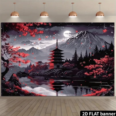 2D Flat Japanese Landscape, Polyester Multipurpose Background, Traditional Scene Wall Hanging, Cultural Heritage Holiday Decor, Universal Holiday Banner, No Electricity Required