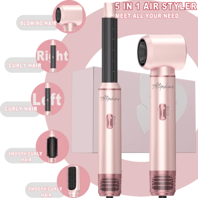 ATOPSKINS 2026升级版五合一多功能专业热造型工具（自动卷发棒+热风梳+直发梳）| 5个可拆卸替换刀头 + 3档温度设置 | 沙龙级多功能造型（卷发/波浪/直发/柔顺/蓬松/内卷/外卷）| 告别毛躁