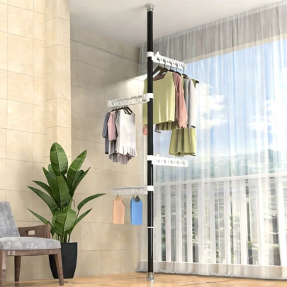 1 stuk vloer-tot-plafond plank zonder boren, meerlaags en draaibaar, een must-have voor kleine balkonnetjes in appartementen. Kan veel kleding ophangen zonder ruimte in te nemen, waardoor drogen en opbergen in één handeling mogelijk is.