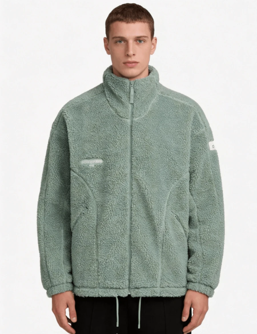 Adidas Lounge Solid Color Logo Patch Windproof Fleece Faux Lamb's Wool Sports Casual Jacket, Unisex Style. - Green - View 1
