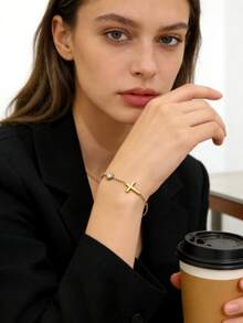 1 pieza Pulsera clásica de acero inoxidable con decoración de vidrio y cruz, adecuada para uso diario tanto para mujeres como para hombres - Amarillo Oro - Ver 3
