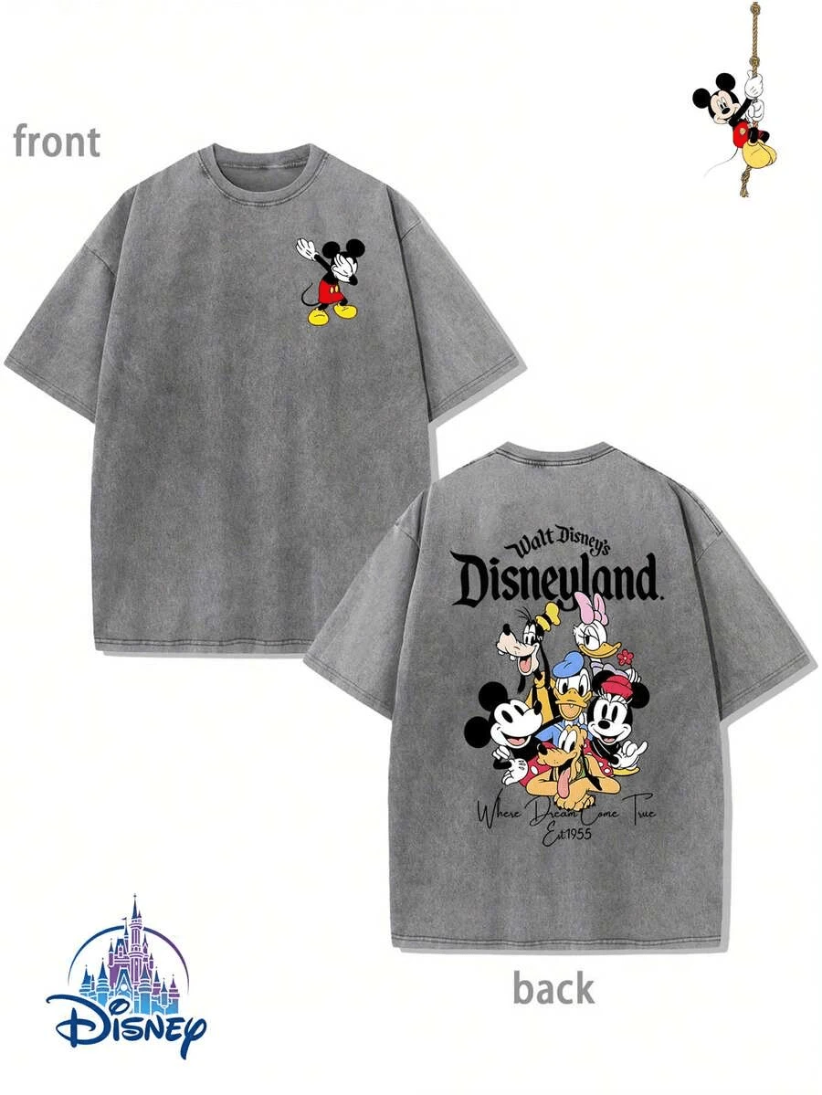 Walt Disney's Disneyland Est. 1955 Mickey & Friends Double-Sided Graphic Vintage Washed Oversized T-Shirt, Unisex Disney Park Retro Tee - 灰色 - 查看 1