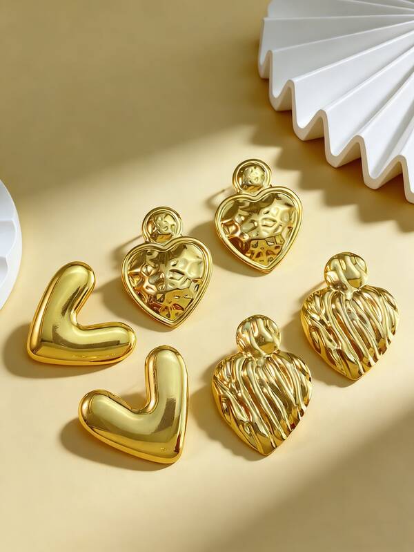 Solid Stainless Steel Earrings, Stainless Steel Jewelry, Women's Earrings, Pituitary Earrings, Gold-Plated Hinge Round Earrings, Bamboo, Texture, Diamond-Cut, Hexagonal, Square, Round, Butterfly Shape, Design, Solid Hypoallergenic Earrings Suitable For Sensitive Ears, Women's Charm Accessories, Middle Eastern Fashion Jewelry, Ramadan Decorative Jewelry And Accessories, Party And Festival Gifts (1/3 Pairs)