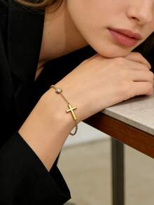 1 pieza Pulsera clásica de acero inoxidable con decoración de vidrio y cruz, adecuada para uso diario tanto para mujeres como para hombres - Amarillo Oro - Ver 4