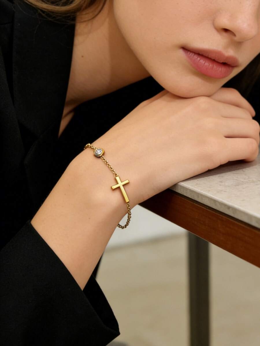 1pc Classic Stainless Steel Chain Bracelet With Glass And Cross Decor, Suitable For Women And Men For Daily Wear - Yellow Gold - View 1