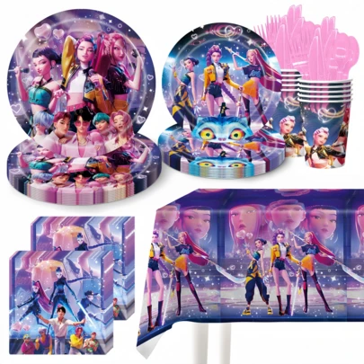 KPOP Witch Girl Group Theme Birthday Party Supplies Set, Includes HAPPY BIRTHDAY Letter Flags, Tableware, Tablecloth, Plates, Cups, Anime Theme Party Decorations, K-Pop Fandom Merchandise