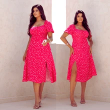 Women's Floral Midi Dress With Short Sleeves, Elastex Lined, Crossed Back, Vescolinho Fabric - 玫紅色 - 查看 1