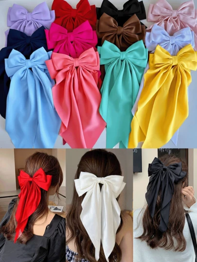 12/1件装大号缎面蝴蝶结发夹，女士女孩适用，超大长尾缎带蝴蝶结发夹，大号丝滑法式发卡，优雅发饰，适合情人节、斋月、婚礼、派对、约会、日常佩戴