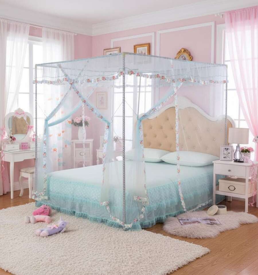Twin Size 4-Corner Bed Canopy Curtains, Canopy Net For Girls And Adults, Bedroom Home Decor (Light Blue) - 藍色 - 查看 1