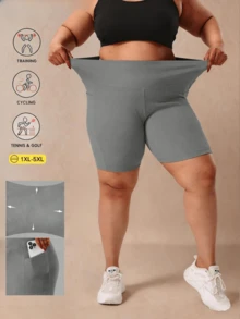 1pc Women Plus Size Knee Length Yoga/Cycling Tight Shorts, High Stretch Butt Lifting Curve Flattering Sports Pants, Knit Fabric Breathable Running Training Shorts With Pockets, Suitable For Cycling, Fitness, Running, Foldable Hem, All Seasons - Grey - View 7