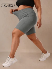 1pc Women Plus Size Knee Length Yoga/Cycling Tight Shorts, High Stretch Butt Lifting Curve Flattering Sports Pants, Knit Fabric Breathable Running Training Shorts With Pockets, Suitable For Cycling, Fitness, Running, Foldable Hem, All Seasons - Grey - View 3