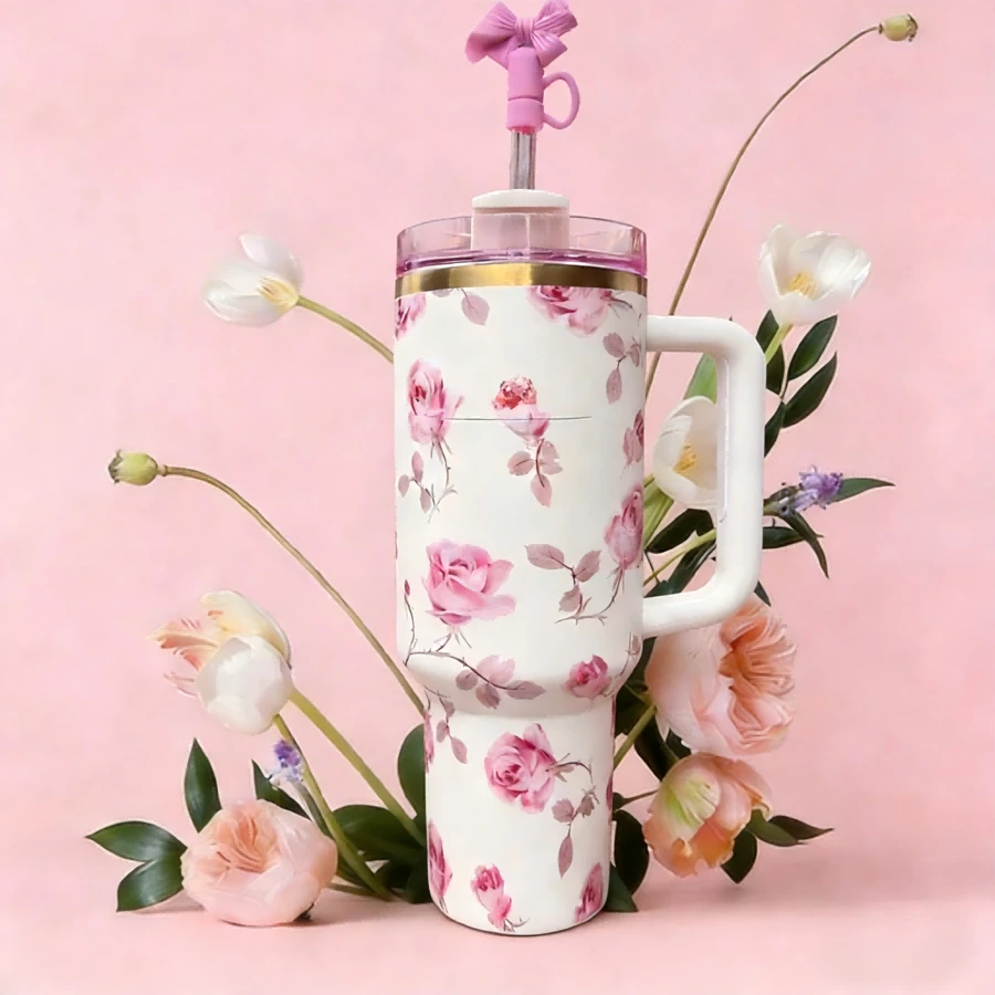 The Best Gifts For Christmas/Halloween. Handmate Gift 40 Oz H2.0 Insulated Tumbler** With A Comfortable Handle, Featuring Double-Walled Vacuum Insulated Stainless Steel Construction. This High-Quality Drinkware Keeps Your Beverages At The Perfect Temperature, Whether It's Hot Or Cold, Ensuring The Original Taste Is Preserved For Longer Periods. Designed To Be Lightweight And Portable, It's Perfect For Outdoor Activities Like Camping, Hiking, Driving, And Travel. With A Large Capacity, It Meets Your Hydration Needs Throughout The Day. Stylish And Convenient To Carry, It's An Ideal Choice For Outdoor Enthusiasts And Makes A Thoughtful And Practical Gift, Whether For Friends Or Family. - Hoa màu trắng - Xem 1