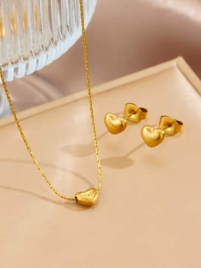 1 Set Stainless Steel Heart Pendant Necklace, Cute Heart Jewelry Set, Suitable For Women's Daily Wear, Valentine's Day Gift