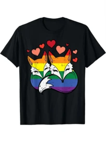 Gay Pride Rainbow Foxes Heart Couple Graphic Tee Soft Cotton Uni Casual Short Sve T-Shirt Daily Wear - Black 2 - View 1