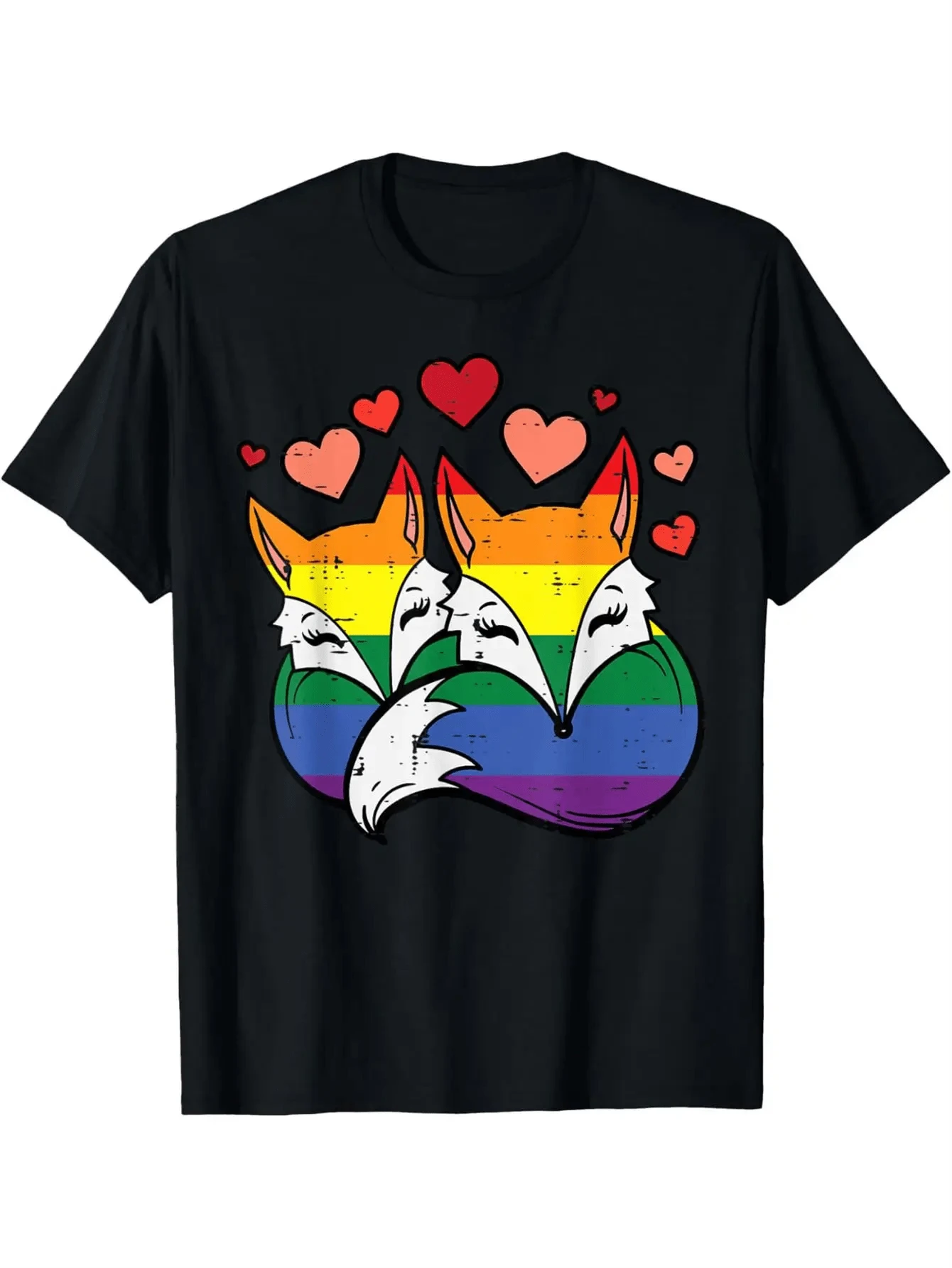 Gay Pride Rainbow Foxes Heart Couple Graphic Tee Soft Cotton Uni Casual Short Sve T-Shirt Daily Wear - Black 2 - View 1
