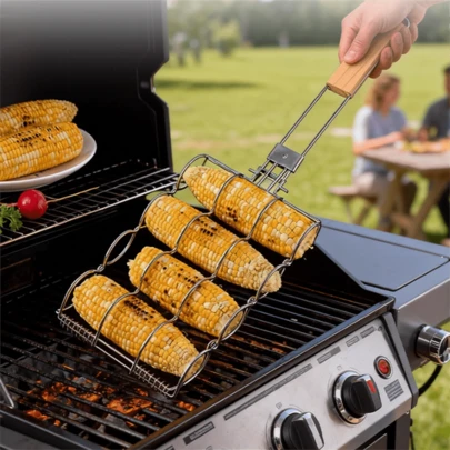 سلة حامل الذرة مع شبكة الشواء القابلة للطي، طقم شواء للاستخدام في الهواء الطلق
