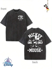 Disney Mickey Mouse "The One And Only" Double-Sided Graphic Vintage Washed Oversized T-Shirt, Unisex Classic Mickey Retro Tee - màu đen - Xem 1