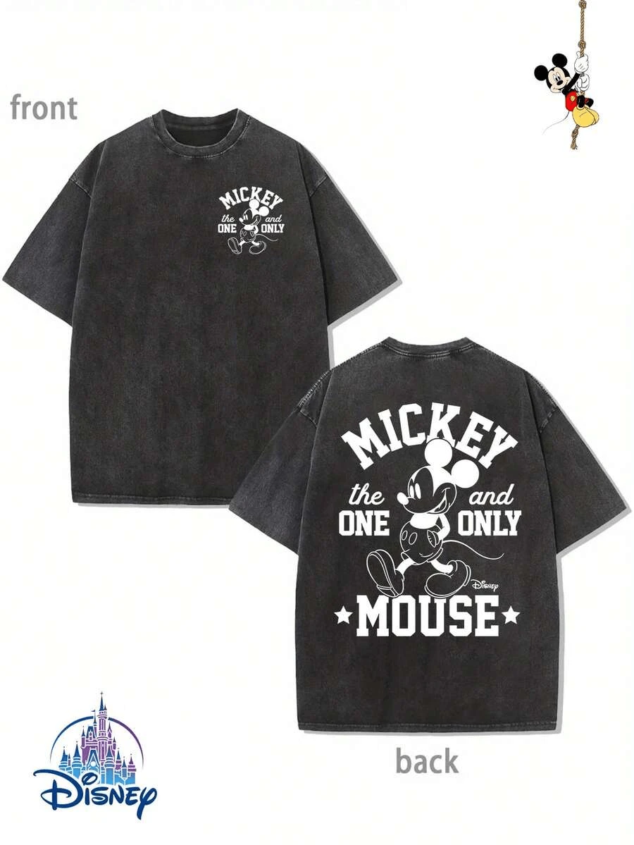 Disney Mickey Mouse "The One And Only" Double-Sided Graphic Vintage Washed Oversized T-Shirt, Unisex Classic Mickey Retro Tee - màu đen - Xem 1