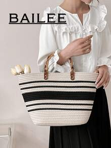 BAILEE A Casual, Stylish, Vacation-Themed Bamboo-Handled Woven Handbag. It Is Lightweight, Durable, And Has Ample Capacity. An Excellent Choice For Gifts. - Multicolor - View 4